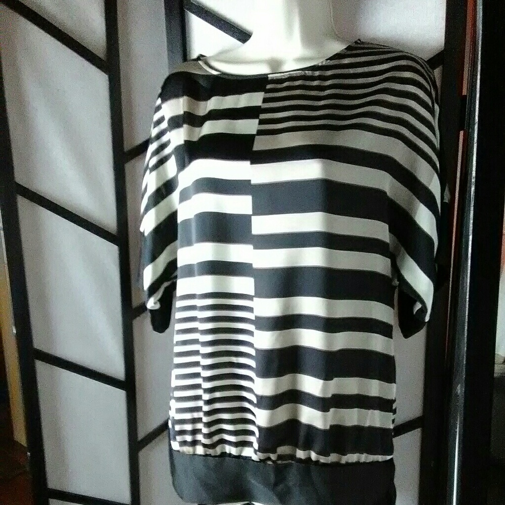Apostrophe Black Tan Tie Side Striped Top Size S